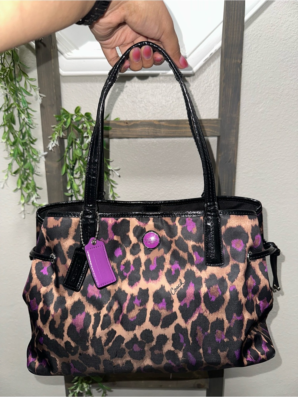 Coach Leopard Print Shoulder Bag with Purple Accents and Black Trim